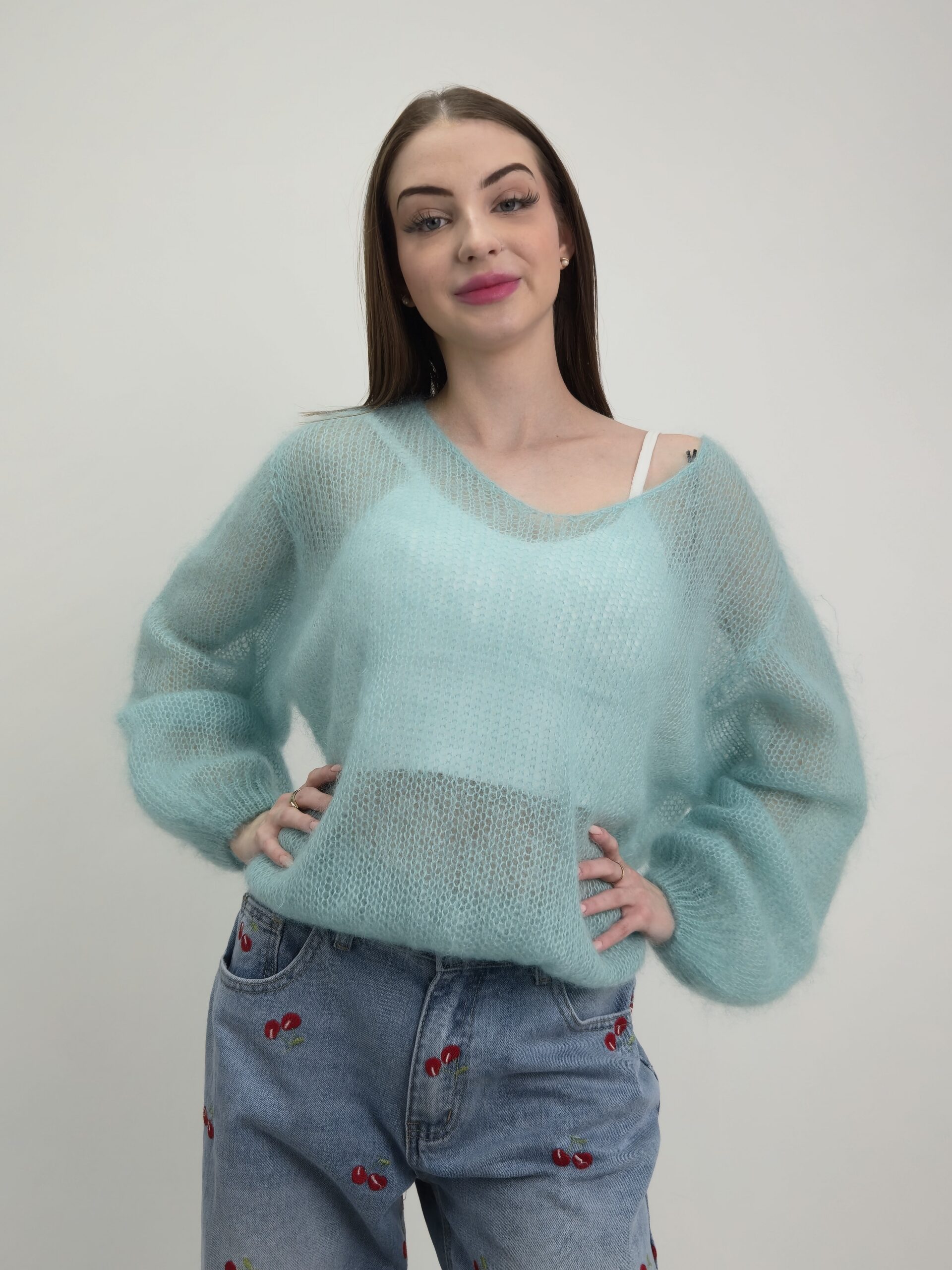 Sweter Ażurowy Kid Mohair- kolor miętowy