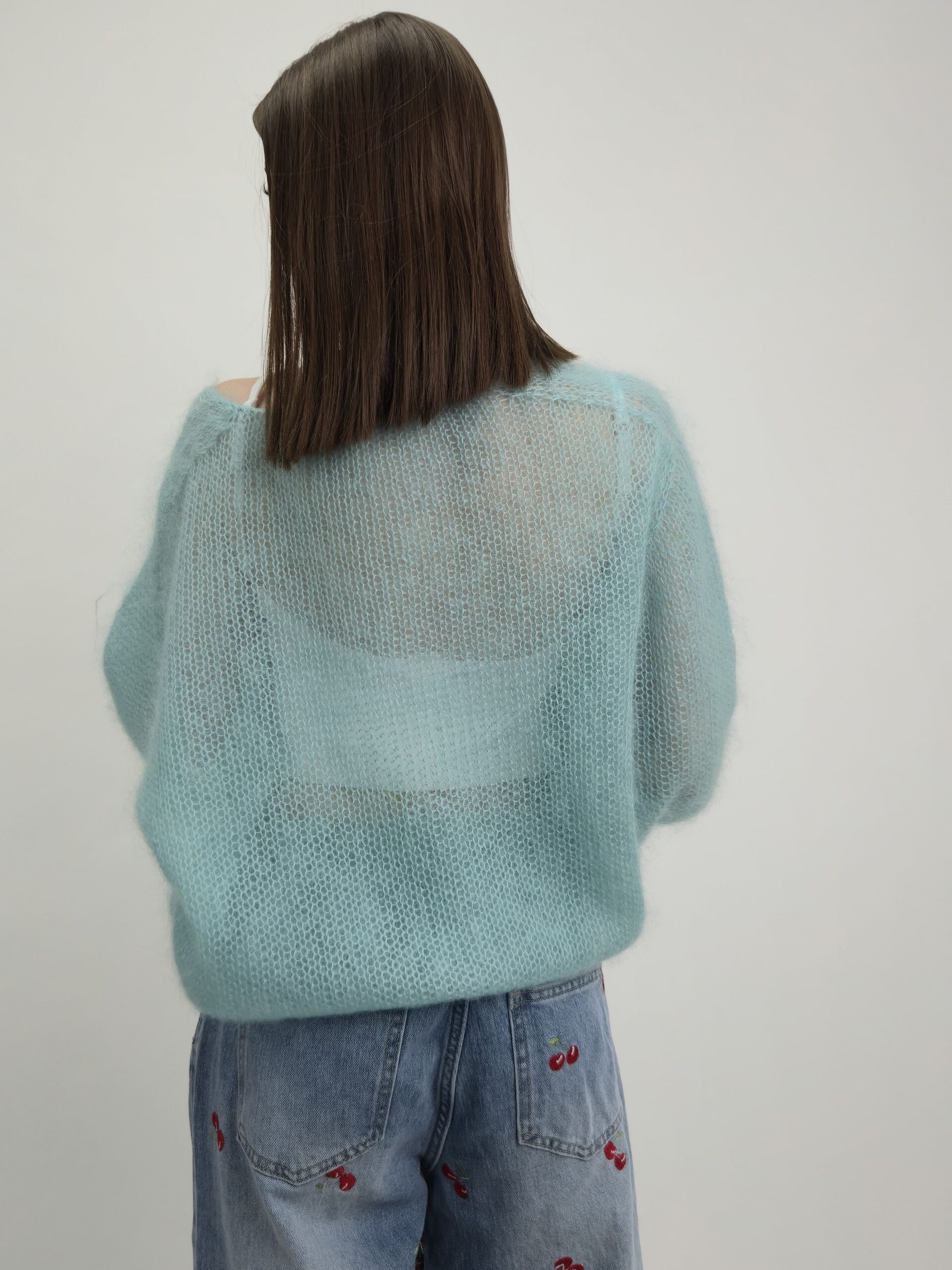 Sweter Ażurowy Kid Mohair- kolor miętowy - obrazek 2