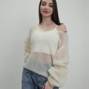 Sweter Ażurowy Kid Mohair śmietankowy