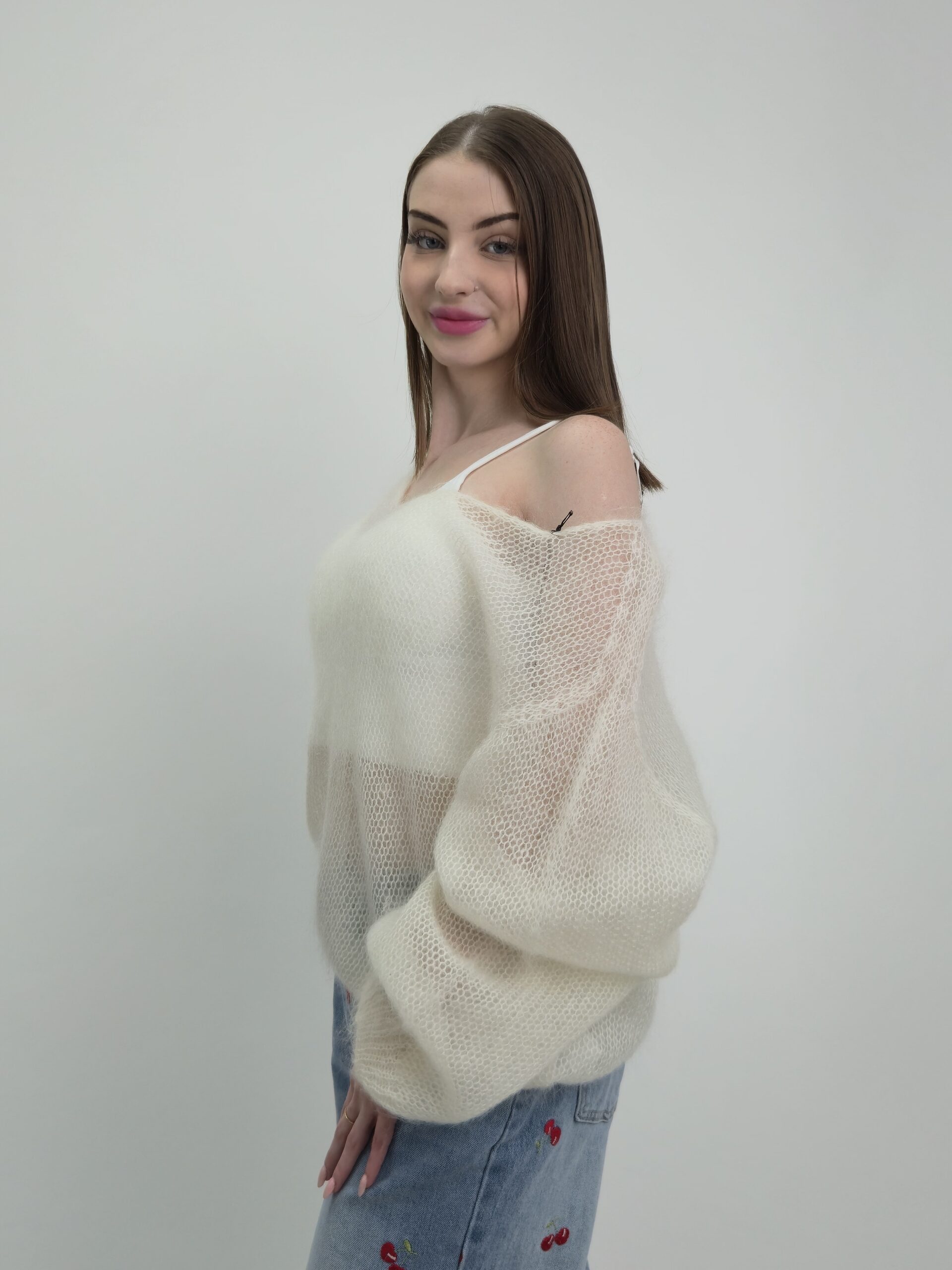 Sweter Ażurowy Kid Mohair śmietankowy - obrazek 5