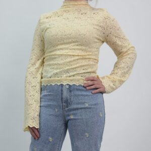 Bluzka koronkowa z motywem róż , welurowana na stójce waniliowa, rozmiar S/M