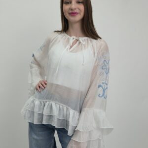 Bluzka z błękitno-srebrnym haftem i romantycznymi falbankami, elegancka, śmietankowa