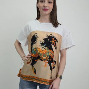 Bawełniana Bluzka Silk Touch – Konie, śmietankowa, rozmiar uniwersalny