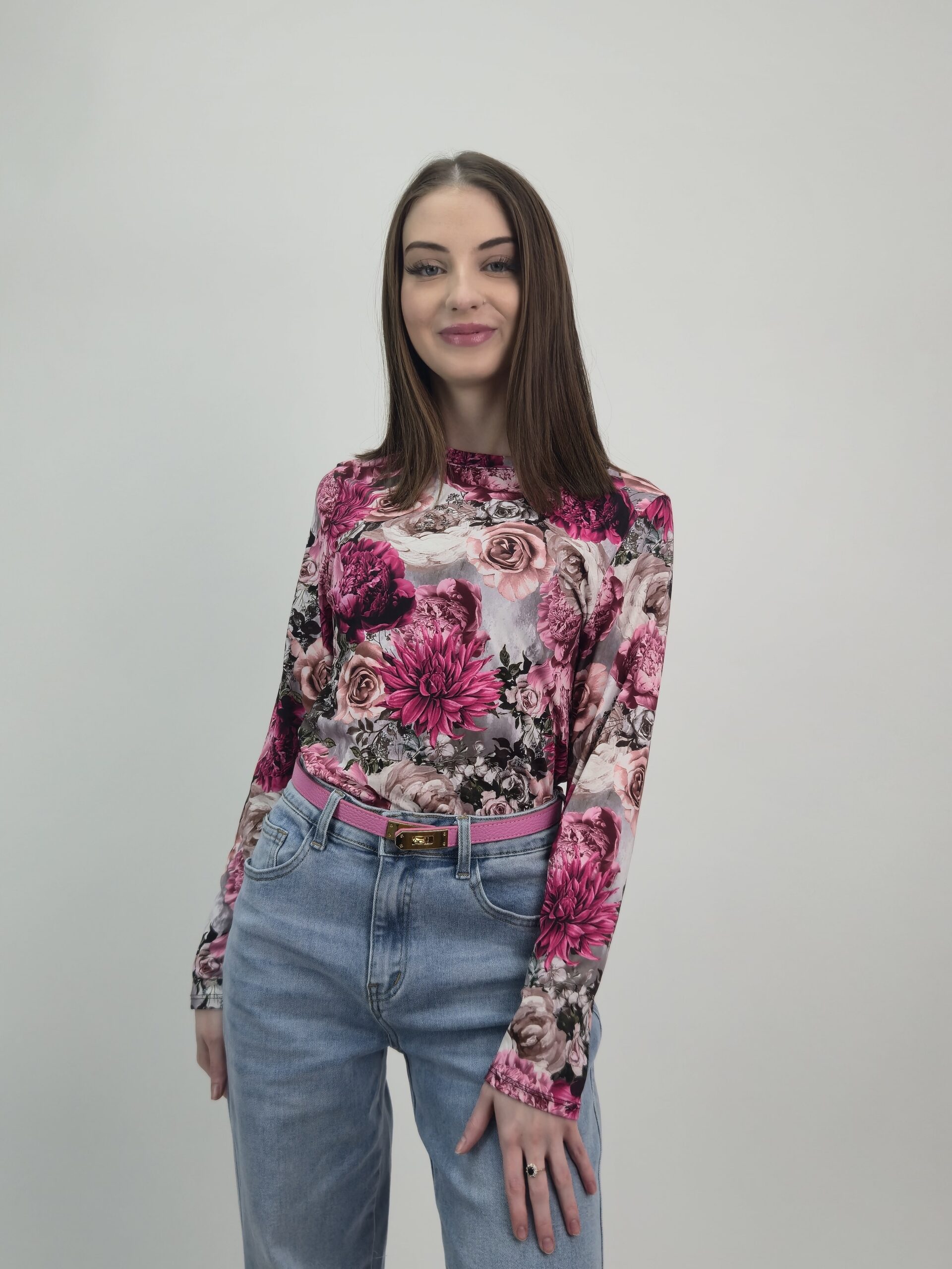 Bluza z kwiatowym printem róż-bordo-beż, rozmiar uniwersalny - obrazek 2
