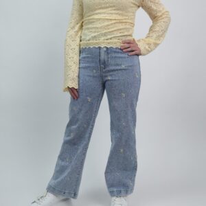 Jeansy damskie wide leg crop, haft stokrotki