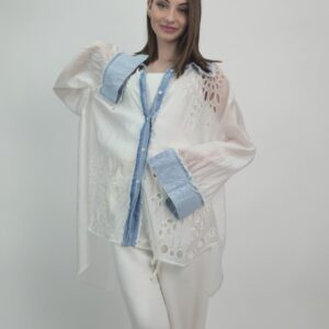 Koszula ażurowa z jeansem — premium light style, rozmiar L/XL