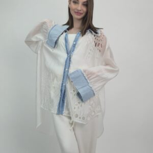 Koszula ażurowa z jeansem — premium light style, rozmiar L/XL