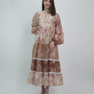 Romantyczna sukienka midi z falbanami i koronką – wersja premium z wiązaniem w pasie, w rozmiarach