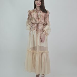 Romantyczna sukienka maxi premium z kwiatowym printem i falbanką w kolorze waniliowym