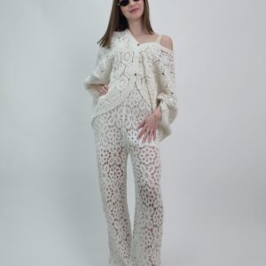 Komplet dzianinowy ażurowy w kolorze śmietankowym, rozmiar uniwersalny