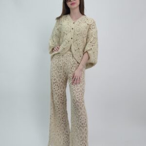 Komplet dzianinowy ażurowy w kolorze beżowym, rozmiar uniwersalny