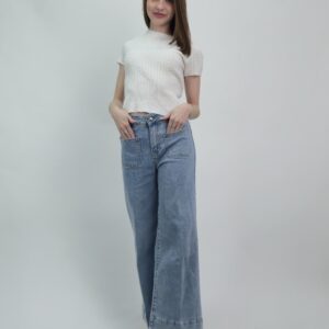 Spodnie Jeansy wide leg crop Mid-Rise – jasny denim z ozdobnymi kieszeniami