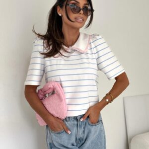 Bawełniana Bluzka Paseczki z Dziewczęcym Kołnierzem – Śmietanka z Błękitem