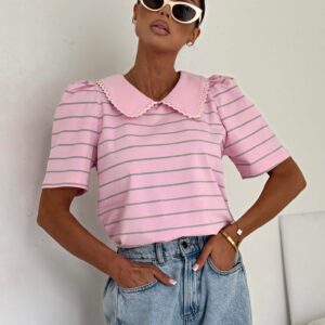 Bawełniana Bluzka Paseczki z Dziewczęcym Kołnierzem – Pudrowy Róż