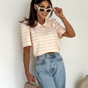 Bawełniana Bluzka Paseczki z Dziewczęcym Kołnierzem – Wanilia z Różem