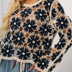 Bluzka ażurowa w kwiatowy wzór, kolor granatowy
