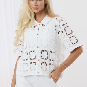 Ażurowa koszula z krótkim rękawem kolor śmietankowy