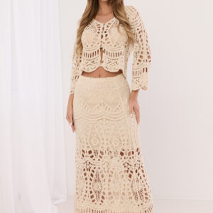 Ażurowy komplet z krótką bluzką i spódnicą maxi