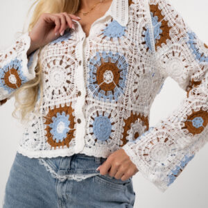 Koszula Crochet z Geometrycznym Wzorem, kolor biały