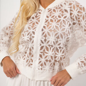 Krótka Bluza Gipiura z Motywem Kwiatowym, kolor biały