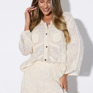 Koszula boho z wypukłym haftem i kwiatowymi aplikacjami, kolor kremowy