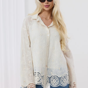 Koszula Boho z Ażurowym Haftem, kolor kremowy