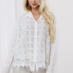 Koszula ażurowa z koronkowym wykończeniem, kolor biały