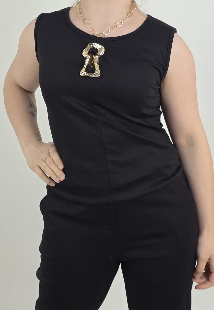 Czarny top damski elegancki broszka klucz - obrazek 2