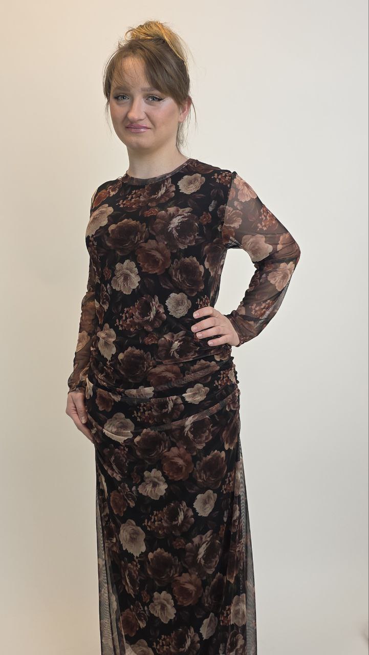 Sukienka Siatkowa Rose Draped – Print Różany - obrazek 3