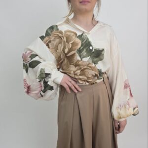 Bluzka z 100% wiskozy Satynowa Floral – Śmietankowa