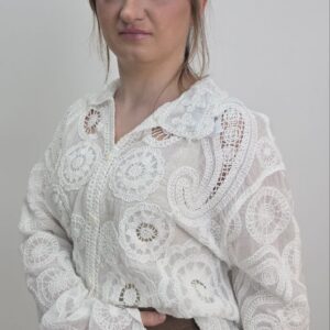 Bluzka Ażurowa śmietankowa z Kołnierzykiem Romantyczna – 100% Bawełna