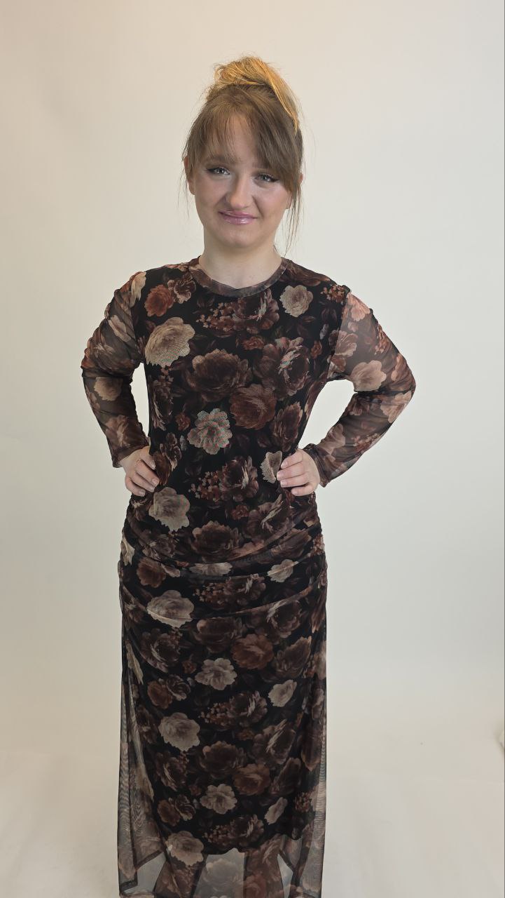 Sukienka Siatkowa Rose Draped – Print Różany
