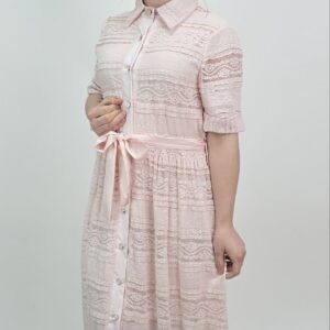 Sukienka Koronkowa z Wiązaniem delikatny pudrowy róż