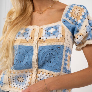 Rozpinana bluzka w stylu boho z krótkim rękawem, kolor błękitny