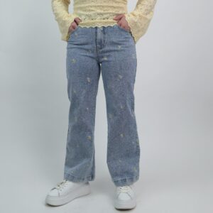 Jeansy damskie wide leg crop, haft stokrotki