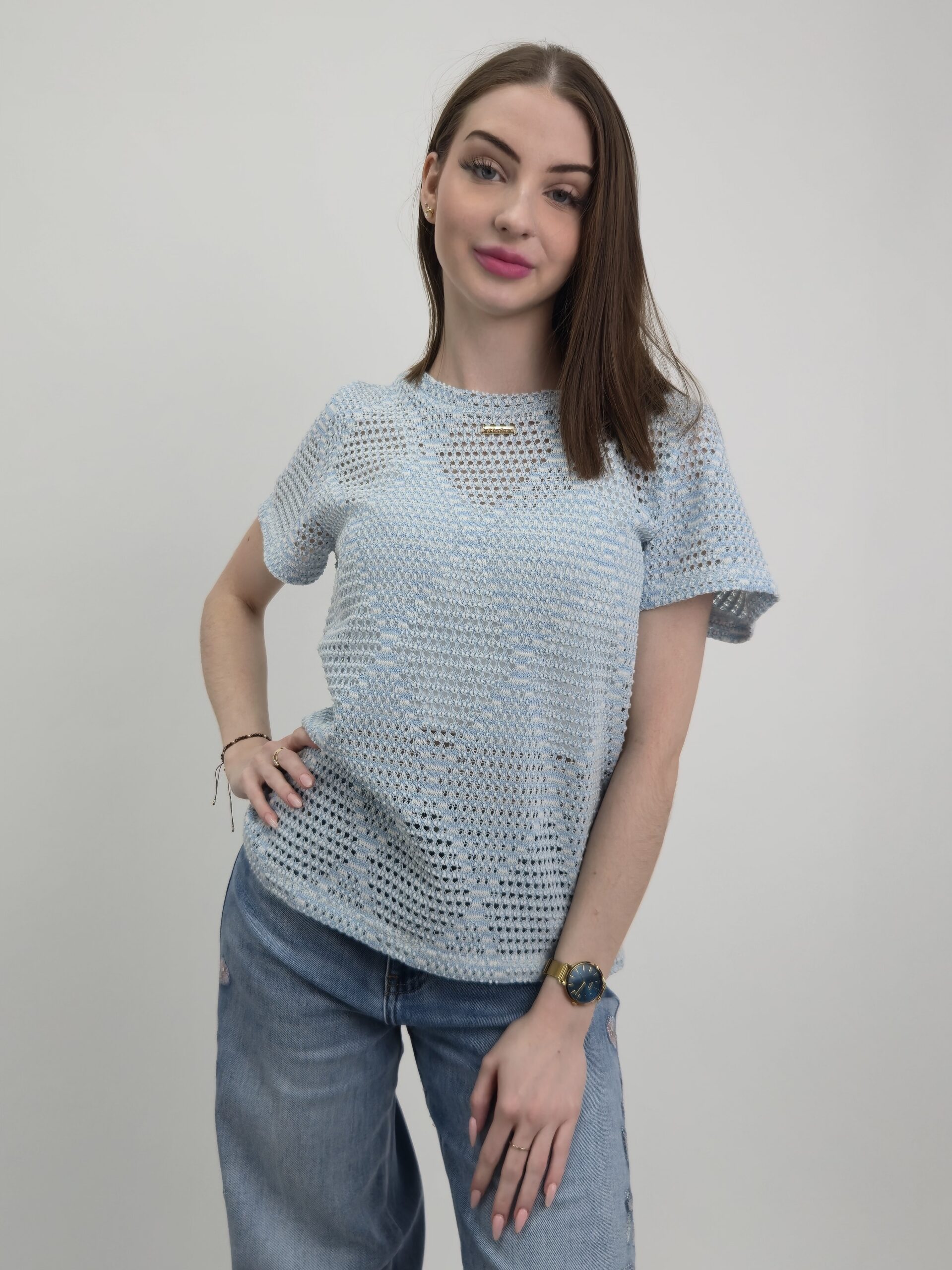 Bluzka Ażurowa Shimmer – Biało-Błękitny Melanż
