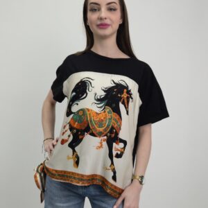 Bluzka dotyk jedwabiu – Horse Print, czarna