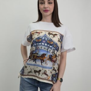 Bluzka dotyk jedwabiu Carousel Print śmietanka