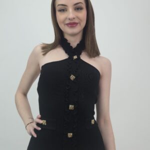 Top damski czarny halter z ozdobnymi guzikami