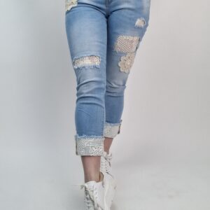 Jeansy damskie z koronką gipiura haft kwiaty