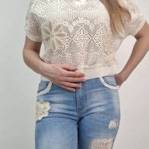 Bluzka damska ażurowa polo kwiaty haft koronka