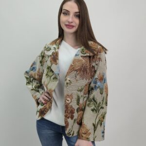 Żakiet żakardowy w kwiaty krótki fason damski