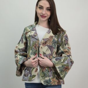 Żakiet żakardowy w kwiaty krótki fason damski