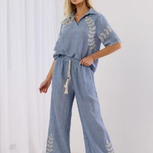 Komplet damski boho lniany haftowany palazzo