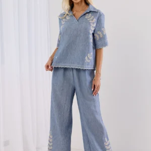 Komplet damski boho lniany haftowany palazzo