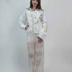 Kurtka jeansowa damska biała haftowana katana