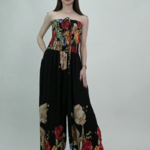 Kombinezon damski czarny kwiatowy wiskoza