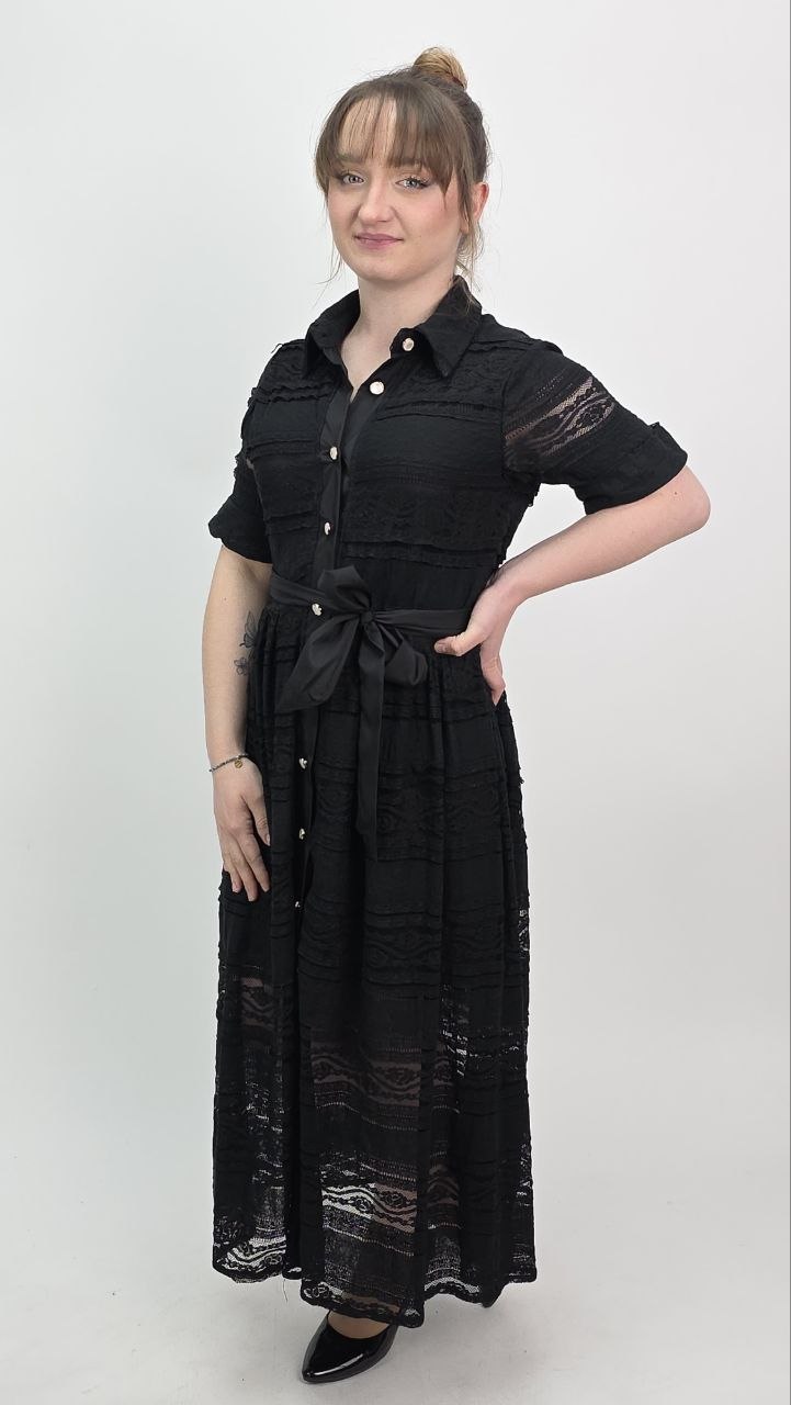 Sukienka Koronkowa z Wiązaniem Deep Black - obrazek 2