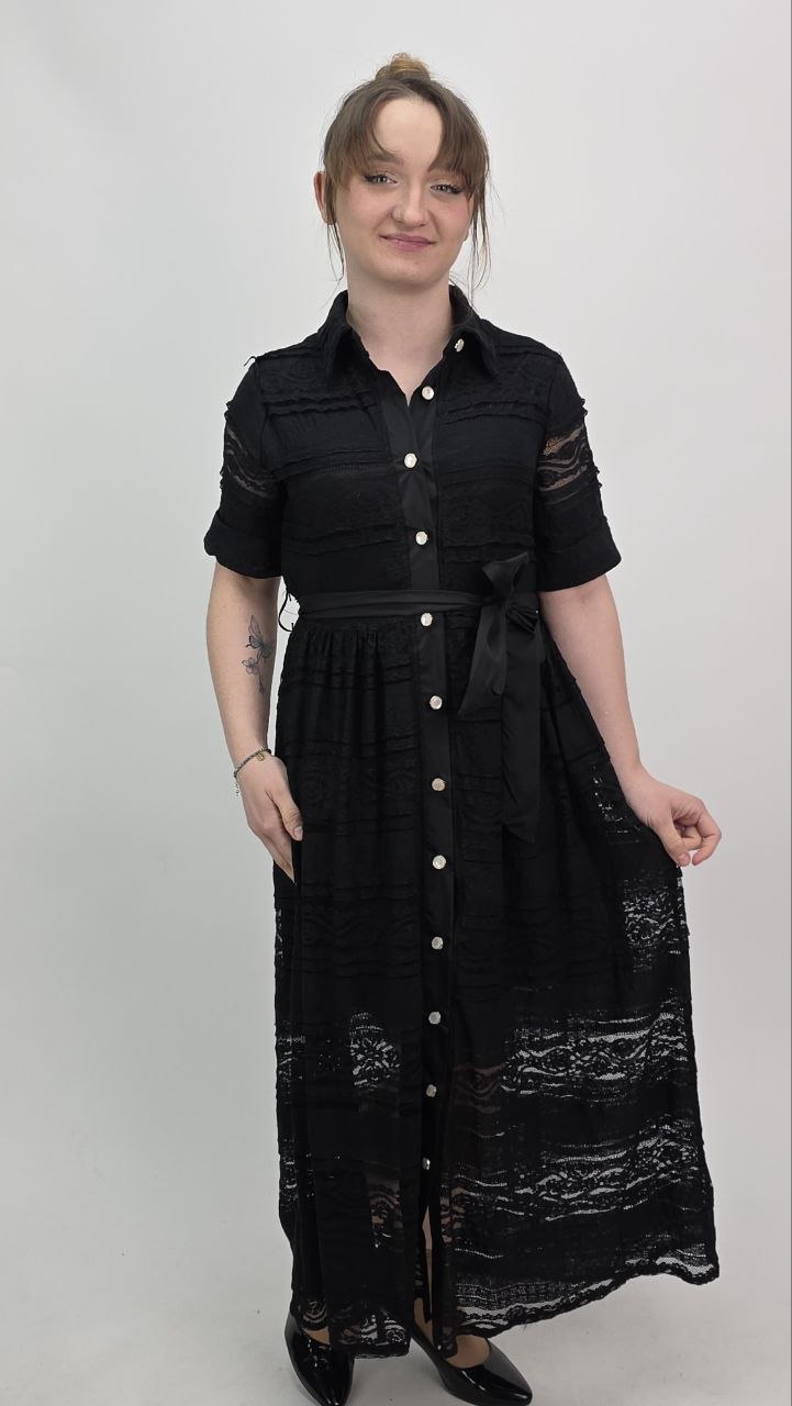 Sukienka Koronkowa z Wiązaniem Deep Black