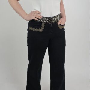 Czarne jeansy wide leg damskie haft pasek ażur